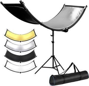 LimoStudio 70 x 24 inch / 5.8 x 2.1 feet [4 Color in 1] Clamshell Lighting Reflector Diffuser Kit, Curved Shape Large Reflector with Tripod Stand in White, Black, Silver, Gold, Photo Studio, AGG2809