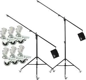 BRITEK [Set of 2] 11.3ft/3.44m Heavy Duty Boom Light Stand w/Steel Caster Rubber Wheels  11.3 (Black),  Boom to Stand Pivot Riser w/Counterweight Bag for Studio Outdoor Photography Portrait Video