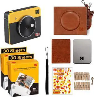 KODAK Mini Shot 3 Retro 4PASS 2-in-1 Instant Digital Camera and Photo Printer (3x3 inches) + 68 Sheets Gift Bundle, Yellow