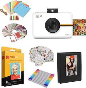 Kodak Step Instant Camera with 10MP Image Sensor, Zink Zero Ink Technology (White) Bundle: Photo Album, Case, 20 Pack Zink Paper, Markers, Stickers.