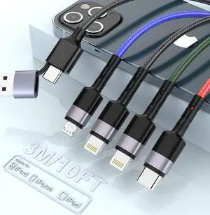 10 Ft USB C Multi Fast Charging Cable Universal USB Cellphone Cables 4 in 1 Charging Cord with Lightning*2+Type C+Micro USB Nylon Braided Charger Cord Adapter for Apple iOS iPhone/Android/Samsung
