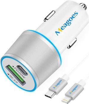 Fast USB C Car Charger, Meagoes 20W PD Rapid Charging Adapter Compatible for Apple iPhone 14 Pro Max/14 Pro/14 Plus/14/13/12/Mini/11/XS/XR/X/8 Plus/SE 3-3.3ft MFi Certified Type C to Lightning Cable