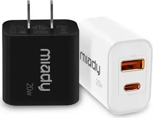Miady 2-Pack USB C Wall Charger 20W PD Dual Port Block, Fast Charging Power Adapter Compatible with iPhone 14/13/12, Galaxy, Pixel and More (Cable Not Included)