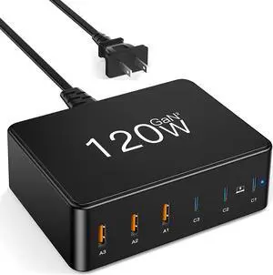 USB C Charger - 120W GaN 6 Ports USB Charging Station for Multiple Devices, USB Fast Wall Charger with 3 Type-C and 3 USB A, Multiport Power Adapter for iPad iPhone, Samsung Android Phones, MacBook