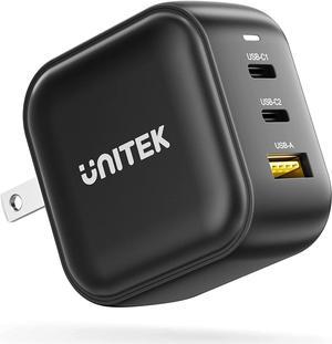 Unitek 66W USB C Wall Charger 3-Port GaN PD Fast Charging Dual USB-C Power Charging Adapter Compatible with Laptop MacBook Pro/Air iPhone 13/Pro/Max Galaxy S21 Ultra iPad and More