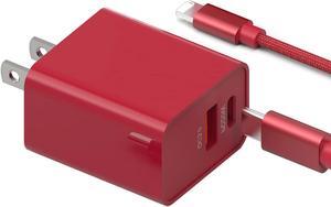 USB C Fast Charger 20W PD + QC3.0 Dual Port Type C Portable Travel Power Adapter Plug with 2ft Cable Compatible with Phone 14/13/12/11/Pro Max, Pad, Pixel, Galaxy and More (Red)
