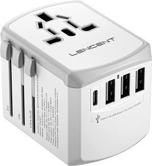 LENCENT Universal Travel Adapter, International Charger with 3 USB Ports and Type-C PD Fast Charging Adaptor for iPhone, Samsung, Tablet, Gopro. for Over 200 Countries (White)
