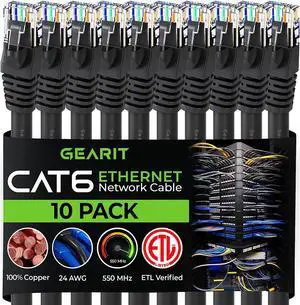 GearIT Cat 6 Ethernet Cable 1 ft (10-Pack) - Cat6 Patch Cable, Cat 6 Patch Cable, Cat6 Cable, Cat 6 Cable, Cat6 Ethernet Cable, Network Cable, Internet Cable - Black 1 Foot