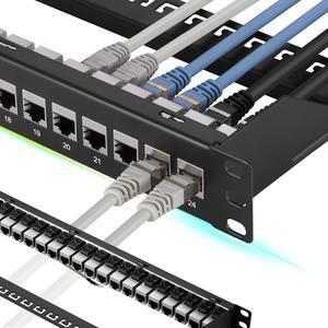 Patch Panel 24 Port Cat7 with Inline Keystone 10G Support, Coupler Patch Panel STP Shielded 19-Inch with Removable Back Bar, 1U Network Patch Panel for Cat7, Cat6, Cat6A, Cat5e,