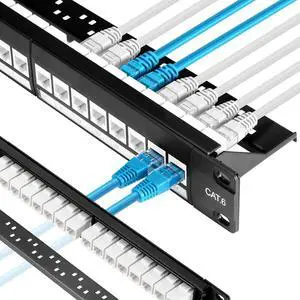 Patch Panel 24 Port Cat6 with White Inline Keystone 10G Support, Pass-Thru Coupler Patch Panel UTP 19-Inch with Removable Back Bar, 1U Network Patch Panel for Cat6, Cat5e, Cat5 Cabling