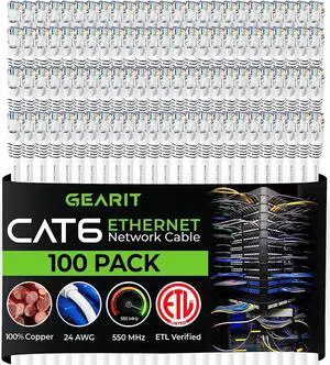 GearIT Cat 6 Ethernet Cable 1 ft (100-Pack) - Cat6 Patch Cable, Cat 6 Patch Cable, Cat6 Cable, Cat 6 Cable, Cat6 Ethernet Cable, Network Cable, Internet Cable - White 1 Foot