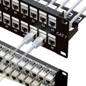 iwillink 48 Port RJ45 Through Coupler 2U Cat7 Patch Panel STP Shielded 19-Inch with Back Bar, Wallmount or Rackmount, Compatible with Cat5e, Cat6, Cat6A, Cat7 Cabling