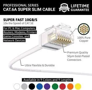 InstallerParts Ethernet Cable CAT6A Super Slim Cable UTP 1 FT (10 Pack) - White - Professional Series - 10Gigabit/Sec Network/High Speed Internet Cable, 550MHZ, 32AWG