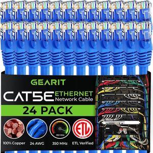 GearIT 24-Pack, Cat5e Ethernet Patch Cable 5 Feet - Snagless RJ45 Computer LAN Network Cord, Blue - Compatible with 24 48 Port Switch POE Rackmount 24port Gigabit