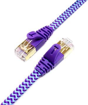 12FT - CAT7 10 Gigabit Ethernet Ultra Flat Patch Cable for Modem Router LAN Network - Braided Jacket, Gold Plated Shielded RJ45 Connectors, Faster Than CAT6a CAT6 CAT5e, Purple & Blue
