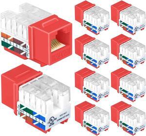 VCELINK RJ45 Cat6 Keystone Jacks Slim Profile UL-Listed 10-Pack, 90-Degree Ethernet Punch Down Keystone Jack Adapter in Red