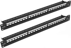 24-Port CAT6 UTP Patch Panel 1U with Keystones, RJ45 Ethernet, Black, 2-Pack