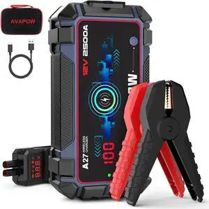 AVAPOW Jump Starter Car Battery 2500A Peak,Portable Jump Starters for Up to 8L Gas 8L Diesel Engine with Booster Function,Wireless Charging Design,12V Lithium Jump Pack with Smart Safety Clamp