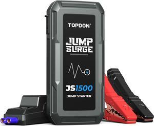 TOPDON 1500A Car Battery Jump Starter, Portable 12V Car Starter, JS1500 Lithium Battery Booster (Up to 6.5L Gas, 4.0L Diesel) with Smart Clamp Cables, USB Quick Charge, LED Flashlight