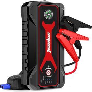 Jump Starter Car Battery Charger Portable 1600A Peak 18000mAh 12v Jump Power Booster Pack Up to All Gas 7L Diesel Jumper Cables Dual USB Quick Charge QC 3.0 with Compass and Safety Hammer