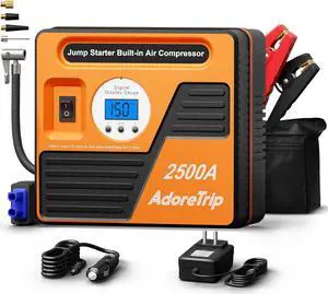ADORETRIP 2500Amp Car Jump Starter with Air Compressor, 150PSI Tire Inflator with Digital Screen Pressure Gauge, 24000mAh 12V Auto Battery Booster (10.0L Gas/ 8.5LDiesel Engine), 2 USB Port 2 Light