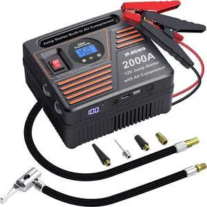 JF.EGWO 2000A Car Jump Starter with Air Compressor, 22000mAh Battery Booster (Up to 8.5L Gas or 8.0L Diesel Engine) &150 PSI Tire Inflator, Built-in 2 USB Ports and 2 LED Light