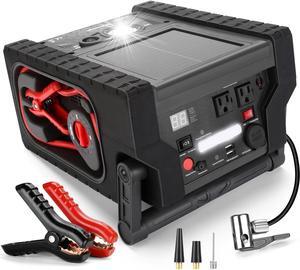 ZunDian ZD-529 Solar Portable Power Station 2000 Amps Jump Starter, 260 PSI Air Compressor, 12V Car Battery Charger with 400W Inverter Dual AC/DC/USB Output, Emergency Backup Power with Flashlights
