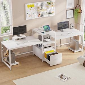 98" Home Office Desk, White Computer Desk with Letter/A4 File Drawer & Power Strip with USB, 2 Person Long Desk with Storage, Printer Shelf & Monitor Stand for Home Office, White