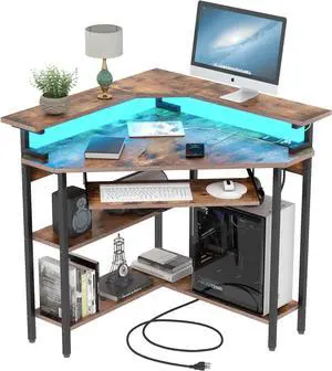 Triangle Corner Desk with Charging Station and LED Light for Small Space | Corner Desk with Monitor Stand & Keyboard Tray, Gaming Computer Desk with Storage Shelves for Home Office (Rustic) Triangle Corner Desk with Charging Station and LED Light for Small Space | Corner Desk with Monitor Stand & Keyboard Tray, Gaming Computer Desk with Storage Shelves for Home Office (Rustic)