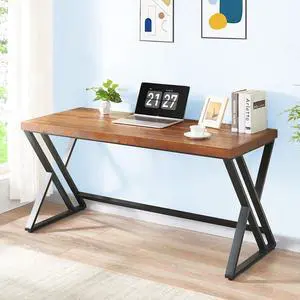 Solid Wood Computer Desk, Modern Real Wood Home Office Desk, Long Rustic Farmhouse Natural Wood Writing Desk, Executive Workstation PC Desk Table for Living Room Bedroom, Brown, 55 inch