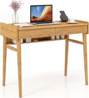 Giantex Computer Desk, 39.5" Bamboo Home Office Desk with 2 Storage Drawers and Open Shelf, Makeup Table Vanity Desk, Modern Writing Desk Computer Workstation for Bedroom, Study, Natural
