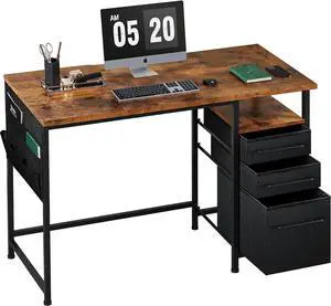 Small Desk with Drawers, 40 inch Desk with Drawers and Shelves, Computer Computer Desk with Storage, Small Office Desk with Storage Bag, Metal Frame for PC Laptop, Rustic Brown