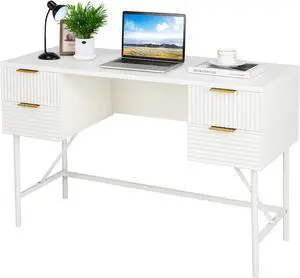 Tangkula White Desk with 4 Drawers, 48 Inch Home Office Desk with Storage, Modern Computer Desk Study Writing Desk with Metal Frame for Bedroom, Study, Office