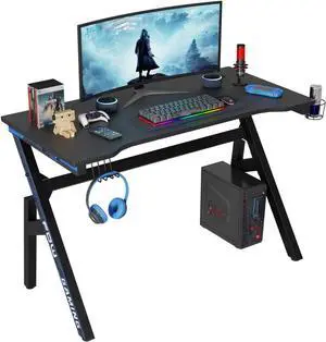 PayLessHere 47 Inch Gaming Desk PC Carbon Fiber Table Ultimate Gamer Workstation with Cup Holder & Headphone Hook for Home Office,Blue (Blue)