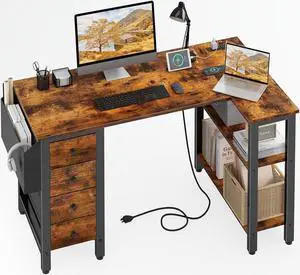 Lufeiya L Shaped Desk with Drawers & Storage Shelves, 47 Inch Corner Computer Desk with Power Outlet for Home Office Bedroom, L-Shaped Gaming PC Desks with Fabric Drawer, Rustic Brown
