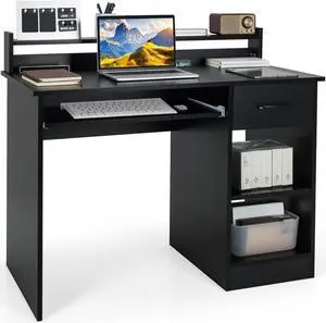 GOFLAME Computer Desk, Home Office Desk with Large Drawers, Hutch, Keyboard Tray, 5-Position Adjustable Open Shelves, Easy Assembly, Writing Desk for Bedroom, Small Space, Living Room, Black