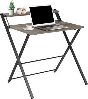 Folding Desk 2-Tier Foldable Table Space Saving Computer Table Writing Workstation for Home Office with Metal Frames/Wood Top Laptop, No Assembly Required, Rustic Brown, 31.9(L) x 20.5(D) x 33.5(H)