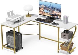Weehom L Shape Desk with Shelves Computer Desk Monitor Shelf and Printer Storage Round Corner Table for Home Office White Gold