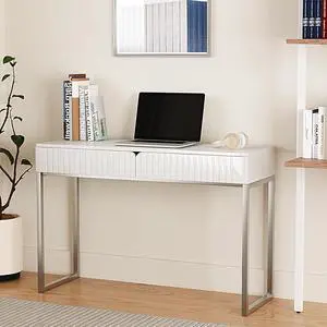 White Vanity Desk with 2 Drawers, Silver and White Desk,Home Office Desk Modern Makeup Vanity Table with Glossy Desktop,Writing Computer Standing Desk with Wood Top and Metal Legs