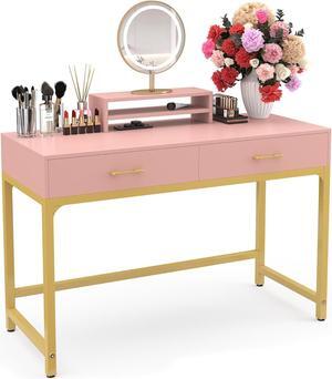 WESTREE Women Makeup Vanity Desk with 2 Drawers - Bedroom Home Office Desk, Wooden Height Monitor Stand & Storage Shelf Without Mirror, Pink Table Great Gift for Her
