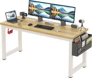 Computer Desk - 63 Inch Large Home Office Desk Wood Study Writing Table Workstation Storage Bag Headphone Hooks Simple Gaming Desk Rustic White/Walnut