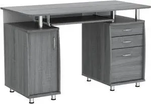 Pemberly Row 48" Wide Home Office Computer Desk in Gray with CPU Storage Cabinet and Hanging File Cabinet, Grey