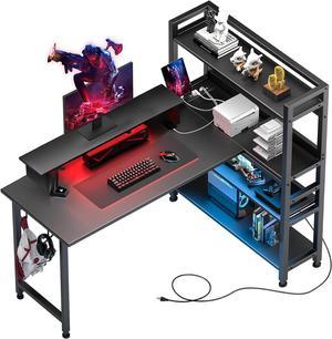 Gaming L Shaped Computer Desk, 55" Home Office Desk with Shelves, L Shape Computer Corner Desk with Charging Port, Gaming Table Power Outlet Build in, LED Writing Desk with Monitor Stand Black