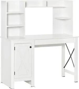 HOMCOM Farmhouse Computer Desk with Hutch and Cabinet, Home Office Desk with Storage, for Study, White