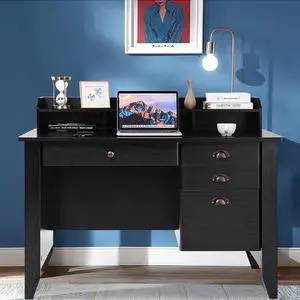 Vintage Computer Desk with Drawers, Modern Work Desk with Hutch, 3 Storage Drawers and 1 File Drawer, Wood Corner Home Office Desk for Small Spaces (Black)