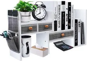X-cosrack Wood Expandable Desktop Bookshelf Counter Bookcase Adjustable with Drawers Desktop Shelves Rack Storage Organizer for Office Supplies,Makeup,White.Petent Pending