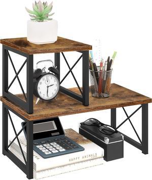 Wood Desktop Shelf, 2 Tier Adjustable Small Bookshelf Organizer, Freestanding Stackable Desk Stand, Storage Organizers, Kitchen Counter Display Rack, Rustic Brown