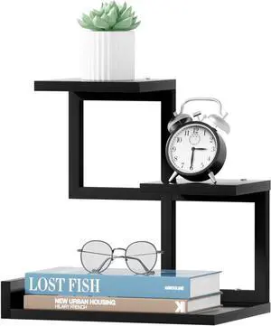 Gannyfer Wood Desktop Shelf - Freestanding Small Bookshelf Desk Supplies Organizers, 3 Tier Storage Display Rack Office Decor, Stand Shelves with Metal Frame for Books/Plants/Toys(Black)