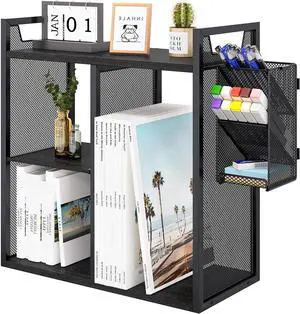 PAG Desktop Shelf Freestanding Bookshelf with Pencil Holder, Office Supplies Organizers and Accessories Storage Display Rack, Black