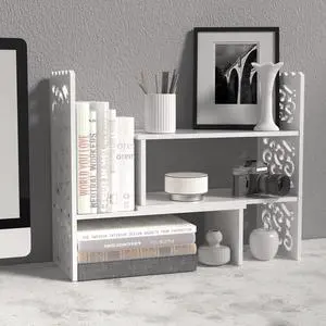 MASAKA B&W Desktop Organizers with Shelves for Office Desk, Adjustable WPC Display Shelf for Pen, Desktop Corner Organizer and Storage, Desk top Hutch for Dorm, Home Decor, Makeup Shelf, White